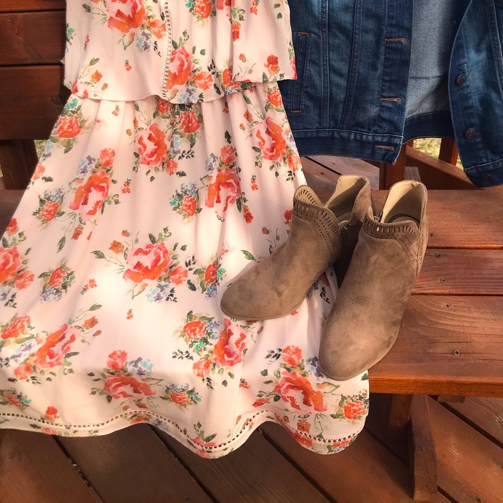 Cream and floral cold shoulder dress